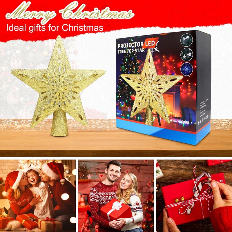WILUX Christmas Tree Topper Projector Lights with 6 Projection Modes, Gold Star Christmas Tree Topper with Built-in LED Projector, Dynamic Projection for Christmas Party Holiday Decoration - Image 4